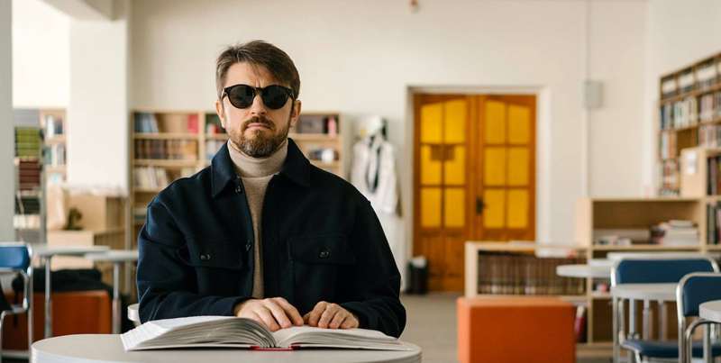 مردی که عینک آفتابی به سر دارد و کتاب باز را لمس می‌کند