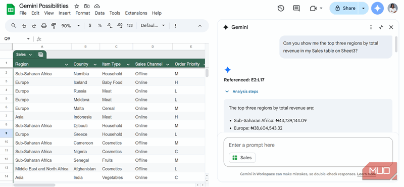 یک درخواست در Gemini برای نمایش سه منطقه برتر بر اساس درآمد کل در جدول فروش در Sheet3