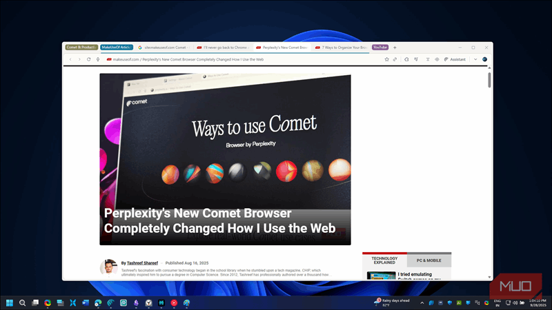 یک صفحه وب باز در مرورگر Comet که چندین تب را به‌صورت گروه‌بندی‌شده نشان می‌دهد