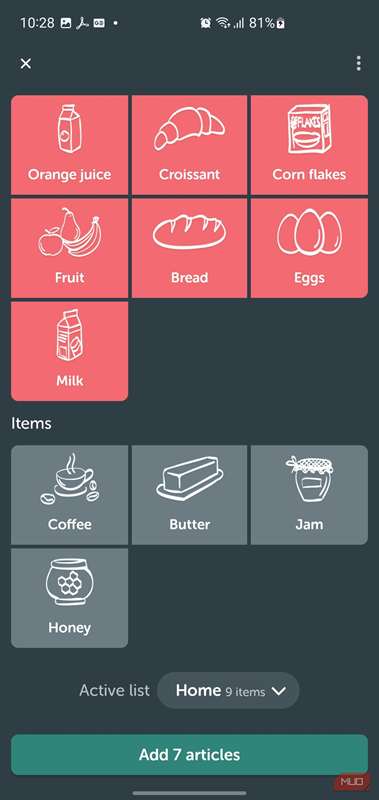 دکمه افزودن برای آیتم‌های فهرست خرید یک دستور غذا در برنامه Bring!