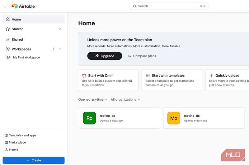 صفحه اصلی Airtable در وب