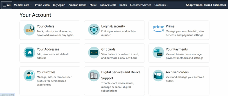 منوی اصلی تنظیمات حساب Amazon