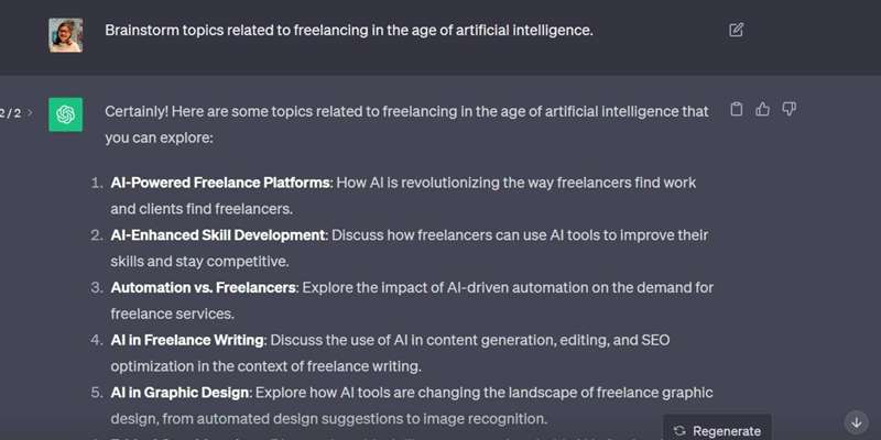 ChatGPT موضوعاتی دربارهٔ فریلنسینگ در عصر هوش مصنوعی ارائه می‌دهد