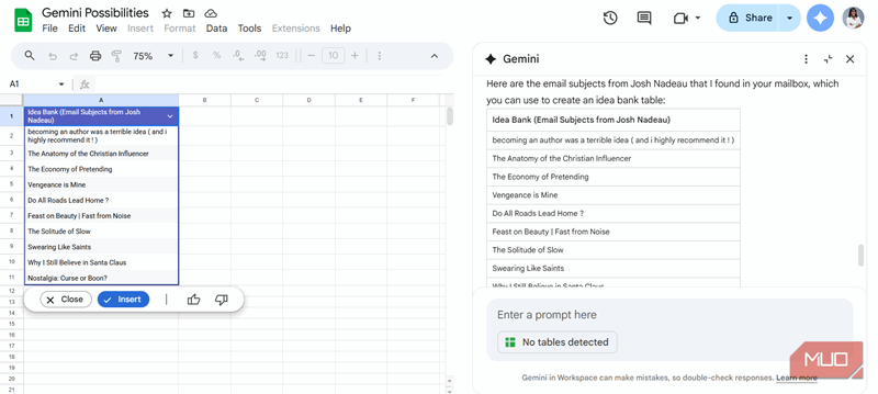 یک بانک ایده با موضوعات ایمیل‌های خبرنامهٔ جوش نادئو که توسط Gemini در Sheets ایجاد شده است