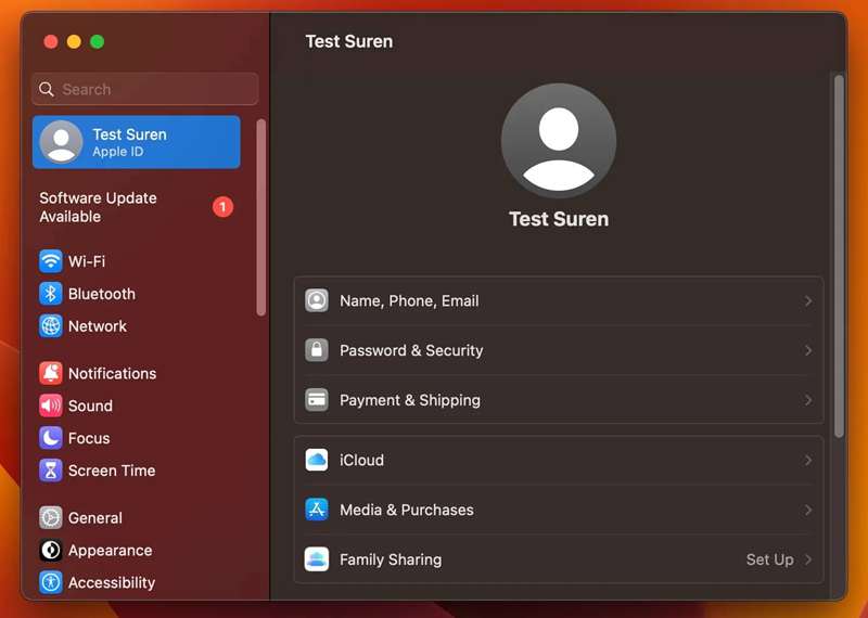 صفحه تنظیمات Apple ID در macOS