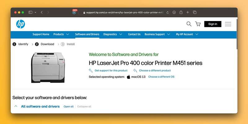 صفحه دانلود درایور چاپگر HP در مرورگر Safari