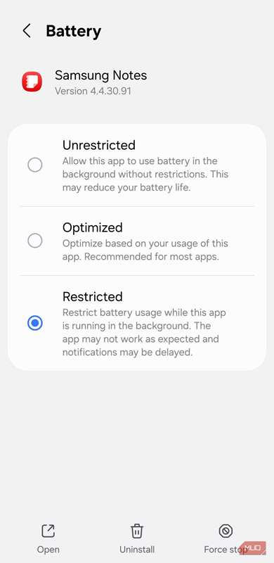 منوی تنظیمات مصرف باتری در پس‌زمینه در اندروید