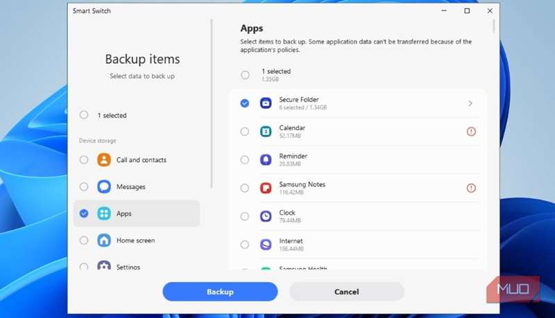 پشتیبان‌گیری از Secure Folder با استفاده از برنامه Smart Switch بر روی کامپیوتر