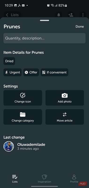 جزئیات آیتم فهرست Bring! برای «آلوئه خشک» با تنظیمات.