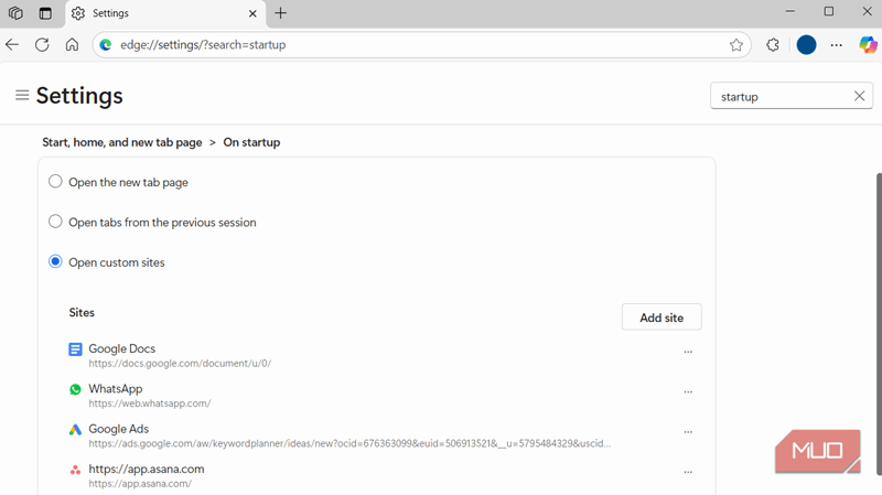 منو تنظیمات راه‌اندازی مرورگر