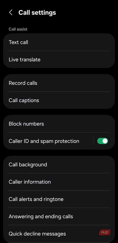 منوی تنظیمات تماس با گزینه زیرنویس (captions)