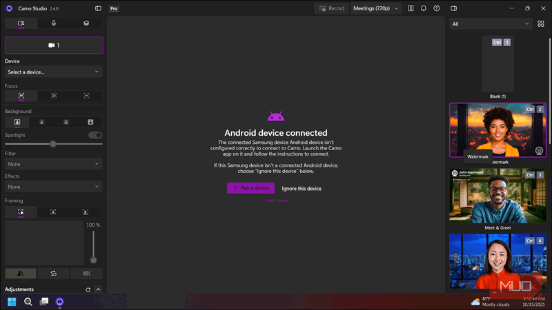 دستگاه Android Camo Studio متصل از طریق USB