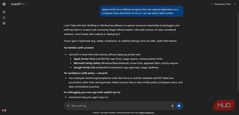 چت‌جی‌پی‌تی در حال رد کردن ساخت بدافزار کی‌لاگر.