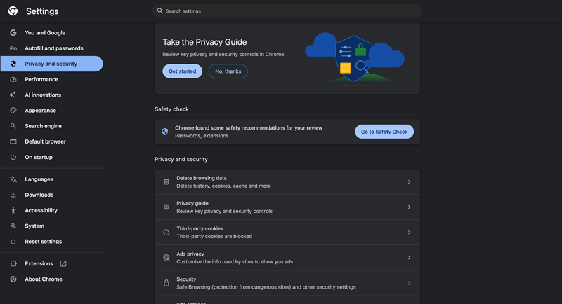بخش تنظیمات حریم خصوصی کروم