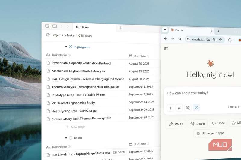 پنجرههای Claude و Notion بهصورت کنار هم در ویندوز ۱۱