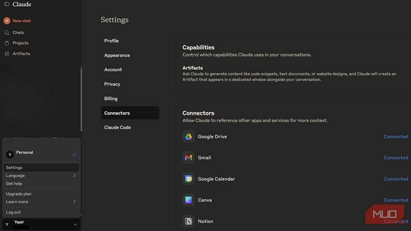 تنظیمات اتصال Claude که برنامه‌های متصل را نشان می‌دهد