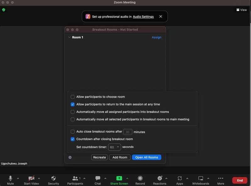 تایمر ایجاد اتاق‌های تفکیک Zoom