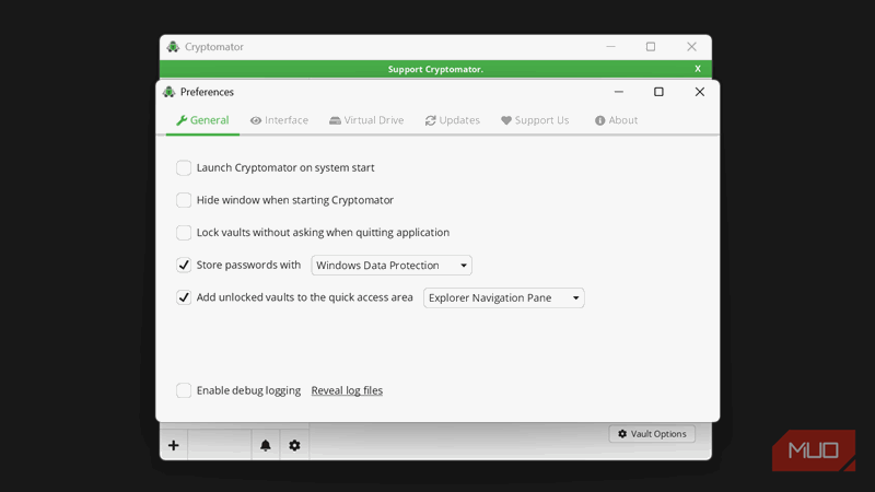 پنجره تنظیمات عمومی Cryptomator