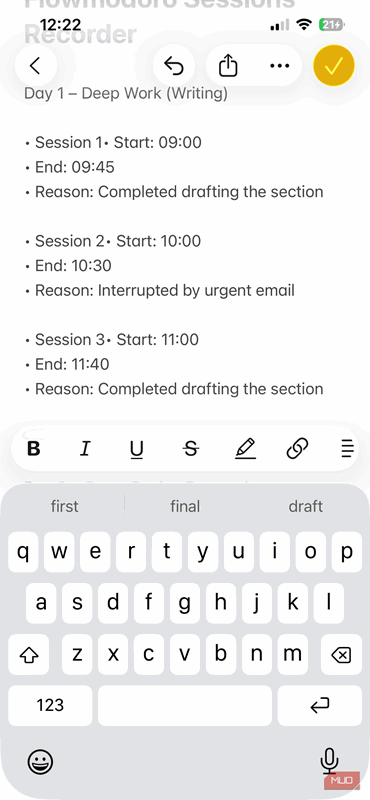 یادداشت‌های جلسه روز ۱ برای فلو‌مودورو در برنامه Notes در آیفون