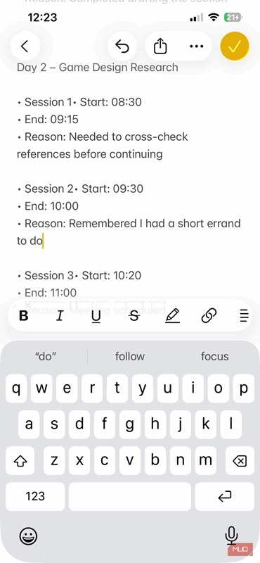 یادداشت‌های جلسه روز ۲ برای فلو‌مودورو در برنامه Notes در آیفون