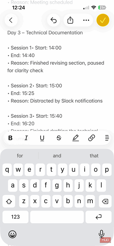 یادداشت‌های جلسه روز ۳ برای فلو‌مودورو در برنامه Notes در آیفون