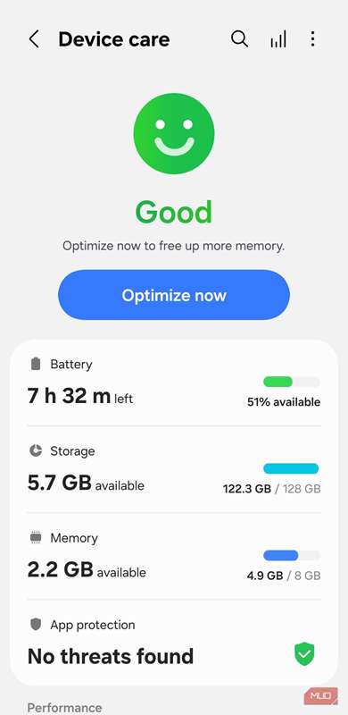 منوی مراقبت از دستگاه در اندروید