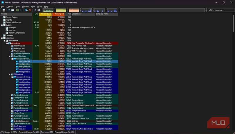 نمایش پنجره پیش‌فرض در Process Explorer مایکروسافت
