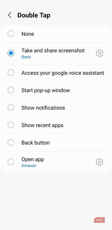 منوی عملکرد ضربه‌پشت دوگانه در گوشی سامسونگ