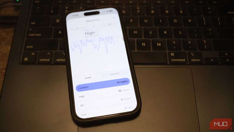 آیفون 16 اپل نمایش دهنده ده شب «عالی» بر اساس نرم‌افزار در سیستم iOS 26.1 روی صفحه‌لمسی یک مک‌بوک. با iOS 26.2، اپل طبقه‌بندی امتیاز خواب را به‌روزرسانی می‌کند.