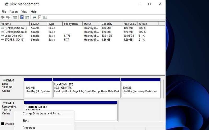پنجره Disk Management