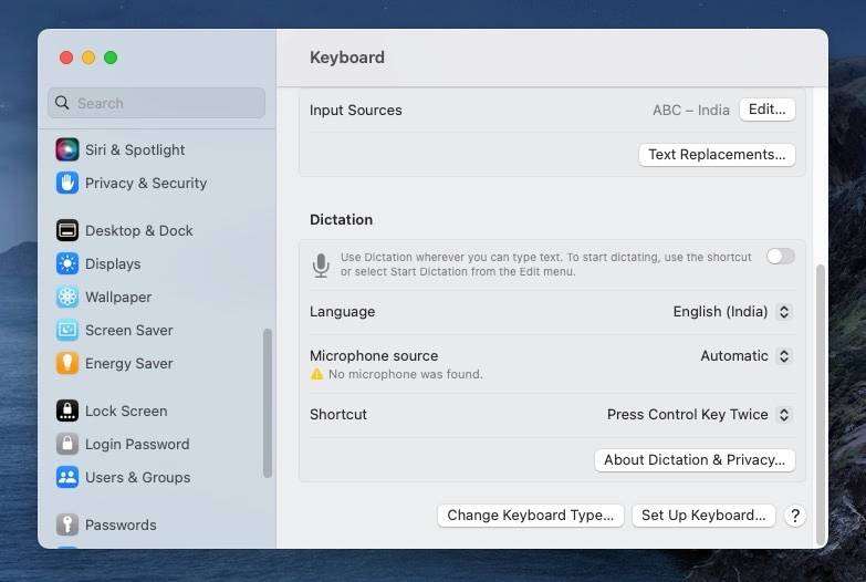 فعال‌سازی دیکته در مک از تنظیمات کیبورد