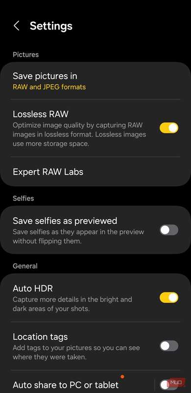 تنظیمات برنامه Expert RAW بر روی گوشی Galaxy