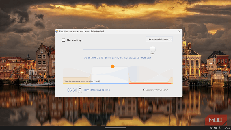 پنجره f.lux نمایش‌دهنده‌ی پاسخ سرکادینی در ۴۵٪.