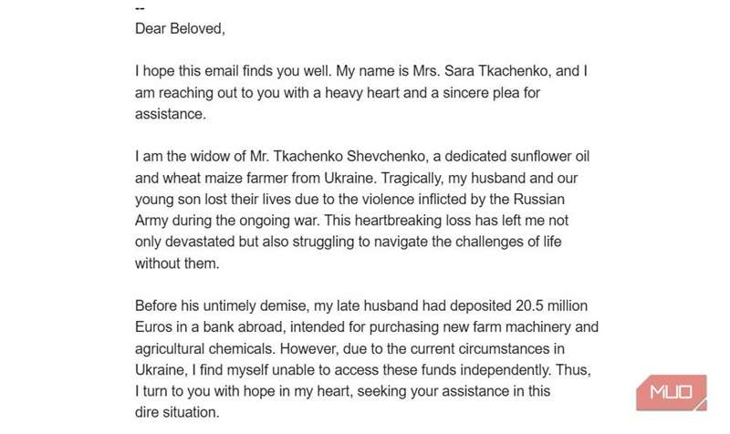 ایمیل تقلبی از بیوه‌ی جنگ اوکراین