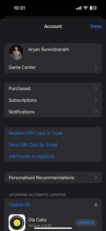 صفحه حساب App Store با بخش Purchased