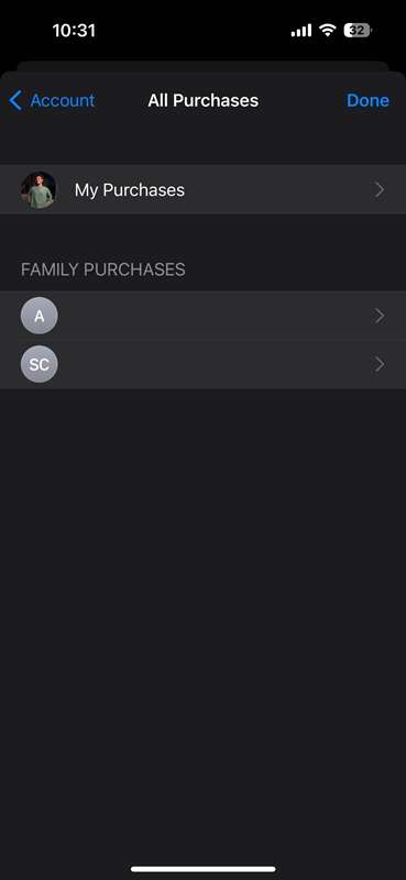 صفحه تمام خریدهای App Store که خریدهای خانواده را نشان میدهد