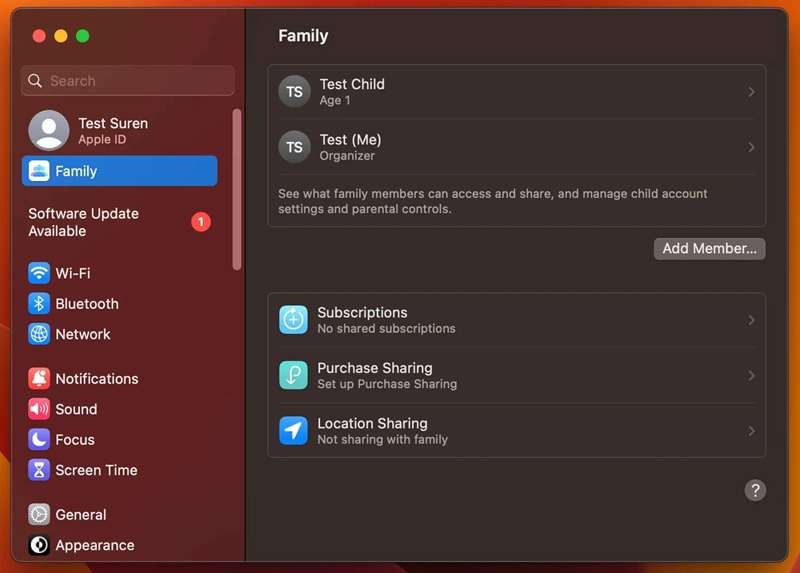 منوی بهاشتراکگذاری خانواده در macOS