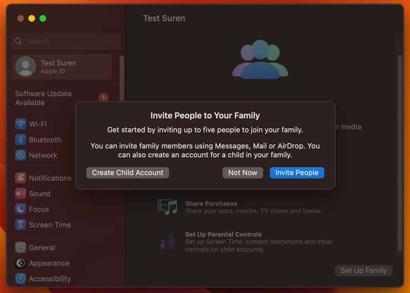 صفحه دعوت بهاشتراکگذاری خانواده در macOS