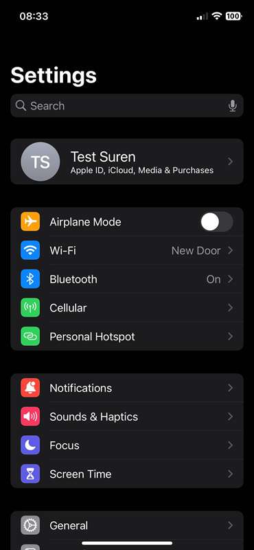صفحه اصلی برنامه Settings در iPhone
