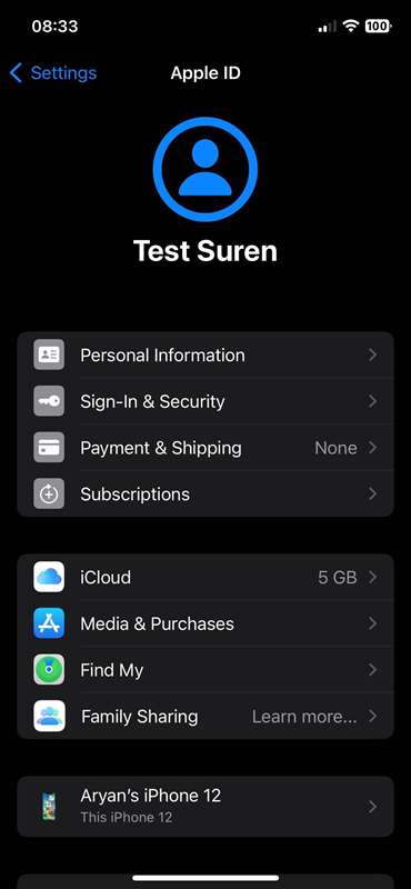 صفحه تنظیمات Apple ID با تمام گزینههای موجود