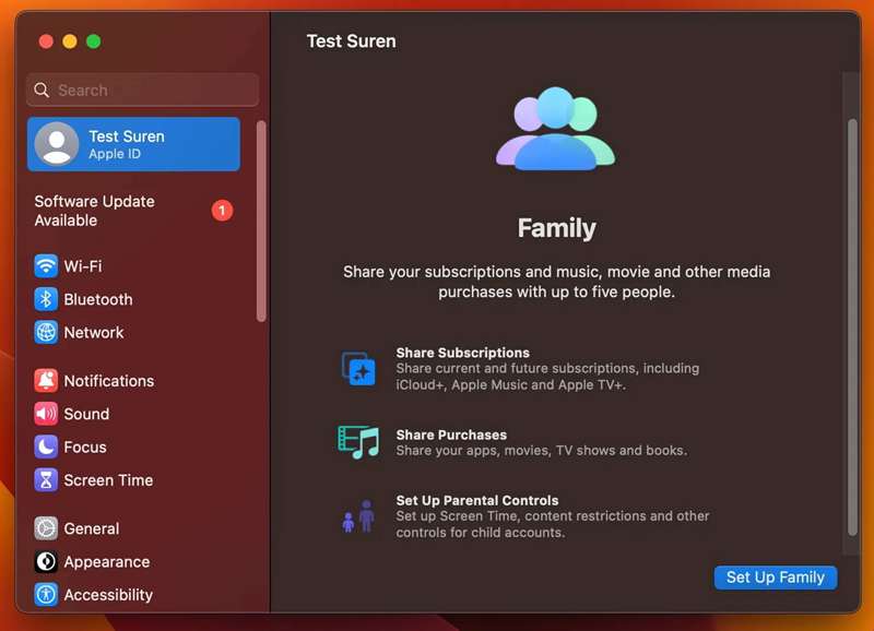 صفحه تنظیمات بهاشتراکگذاری خانواده در macOS