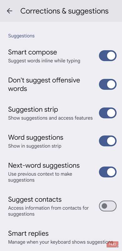 تنظیمات تصحیح متن Gboard در اندروید