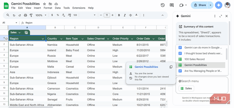 Gemini در Sheets که به اسناد و شیت‌های درایو من ارجاع می‌دهد