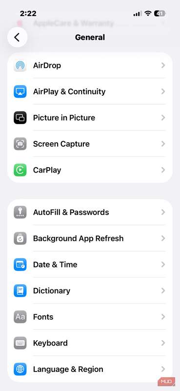 صفحه تنظیمات عمومی که گزینه تازه‌سازی برنامه‌ها در پس‌زمینه را برجسته می‌کند.