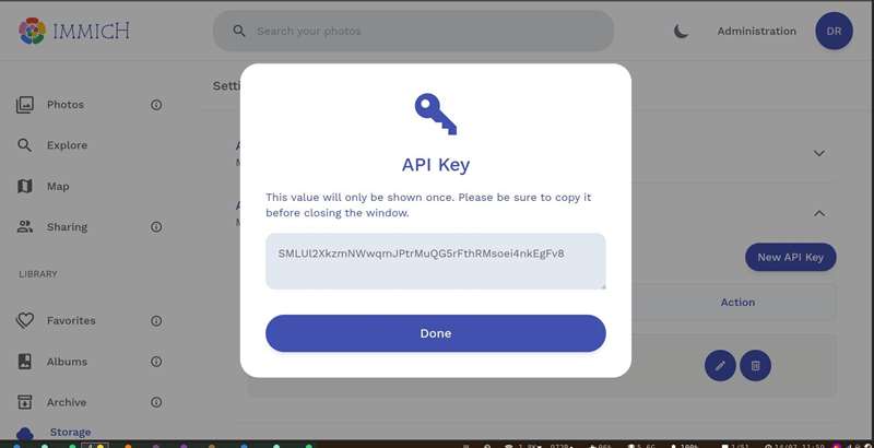 دریافت کلید API immich