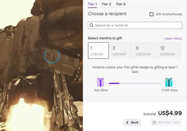 هدیه دادن اشتراک توییچ به کاربر خاص