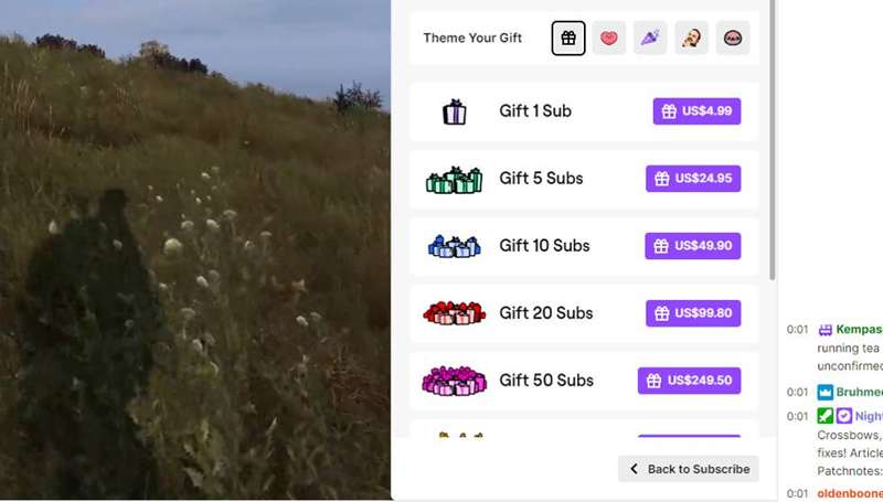 گزینه‌های مبلغ اشتراک هدیه در توییچ