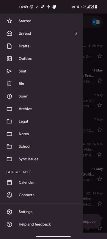 نوار کناری برنامه Gmail