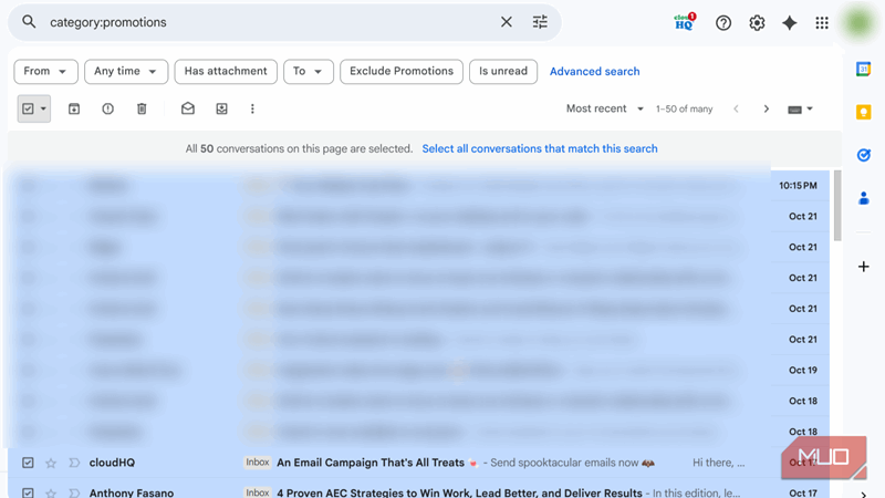 برنامه Gmail که ایمیل‌های تبلیغاتی را بر اساس جدیدترین‌ها مرتب کرده نشان می‌دهد.