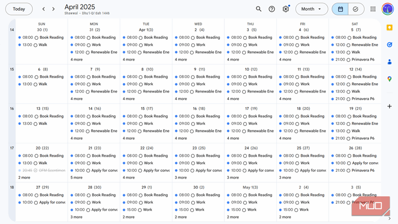 تقویم گوگل که کارها را برای ماه آوریل نشان می‌دهد.
